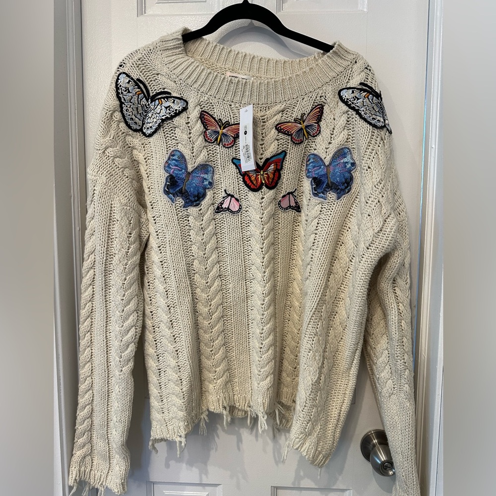 Butterfly Embellished Cream Sweater